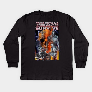 Terminating Robots From The Future "Come With Me If You Want To Survive" Cheesy Parody Knock Off AI Cyber Beings Off Brand Funny Meme Merch Kids Long Sleeve T-Shirt